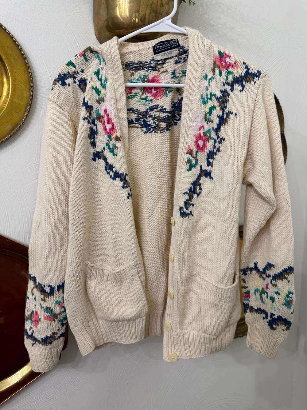 Vintage Harold’s hand knitted cotton Cream Floral Knit Cardigan Sweater